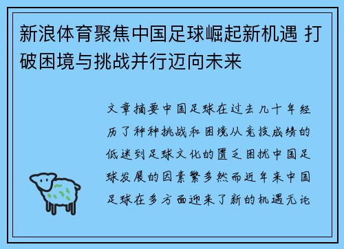 新浪体育聚焦中国足球崛起新机遇 打破困境与挑战并行迈向未来