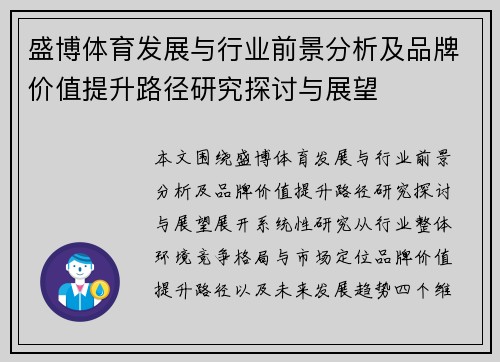 盛博体育发展与行业前景分析及品牌价值提升路径研究探讨与展望 盛博体育发展与行业前景分析及品牌价值提升路径研究探讨与展望